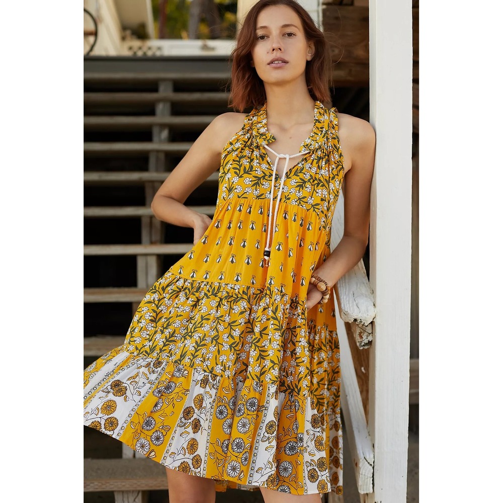 Anthropologie Ro's‎ Garden Sofia Floral Tiered Cotton Midi Dress Yellow XS